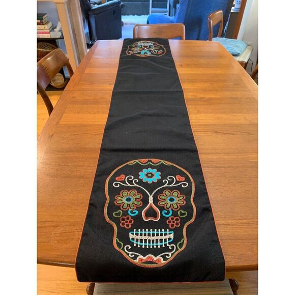 Hallow Home Embroidered Sugar Skull Table Runner 70"x14" Black & Multicolor Poly - Picture 1 of 8